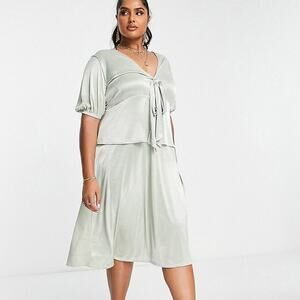 ASOS Design Curve Plunge Tie Front Midi Dress Thigh Split Sage Satin New Sz 14